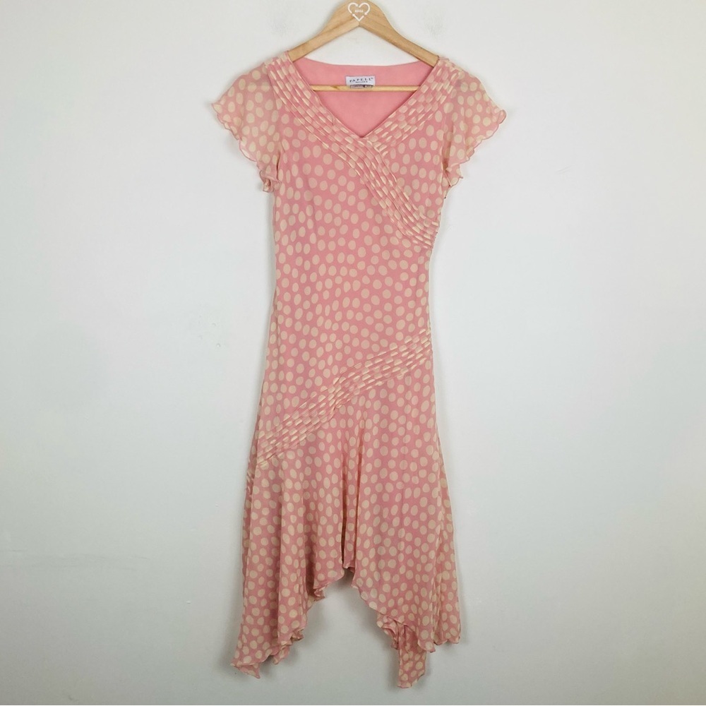 Vintage 90s/Y2K pink and cream polka dot 100% silk midi dress asymmetric hem. 2P - Picture 2 of 6